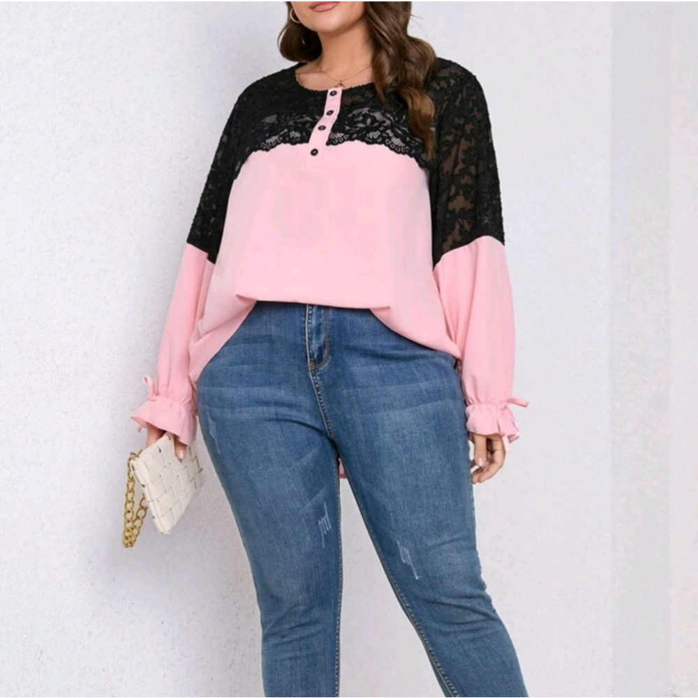 SHEIN Blush Pink & Black Contrast Eyelet Lace Flounce Sleeve Blouse Size 3XL - Picture 4 of 15